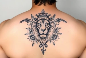 powerful majestic lion with a crown, surrounded by floral ornaments and birds tattoo idea