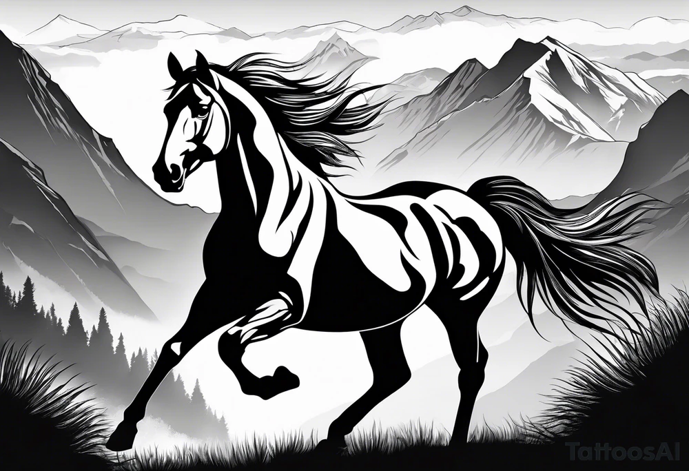 Wild horse, mountain background, feather tattoo idea