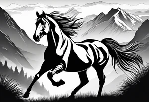 Wild horse, mountain background, feather tattoo idea