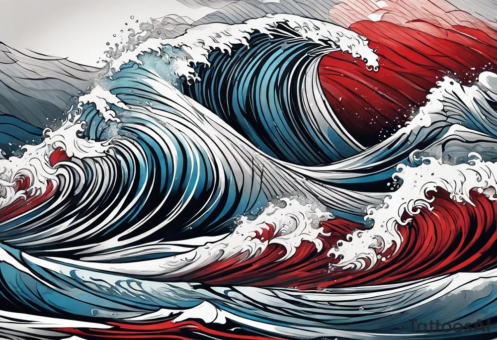 ocean waves background with linear red, white and black and gray including muted blues tattoo idea