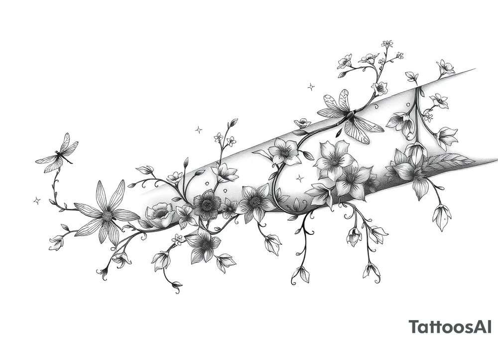 full arm thick vines with small mystical flowers, dragonflies, stars, celestial moon tattoo idea