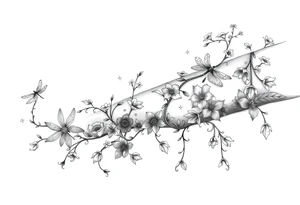 full arm thick vines with small mystical flowers, dragonflies, stars, celestial moon tattoo idea