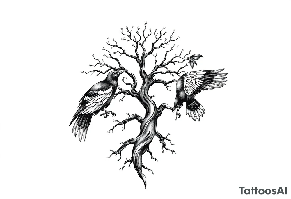 Irish shoulder tattoo, that is non-religious and has a Celtic tree and tribal ravens tattoo idea