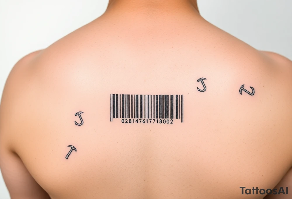 "Microrealism tattoo: barcode made of tiny hammers and sickles. Looks normal from afar, reveals details up close. 1cm height, forearm length." tattoo idea