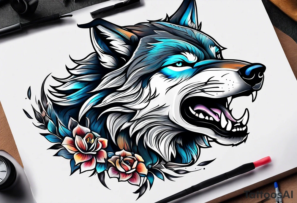 a wolf roaring tattoo idea