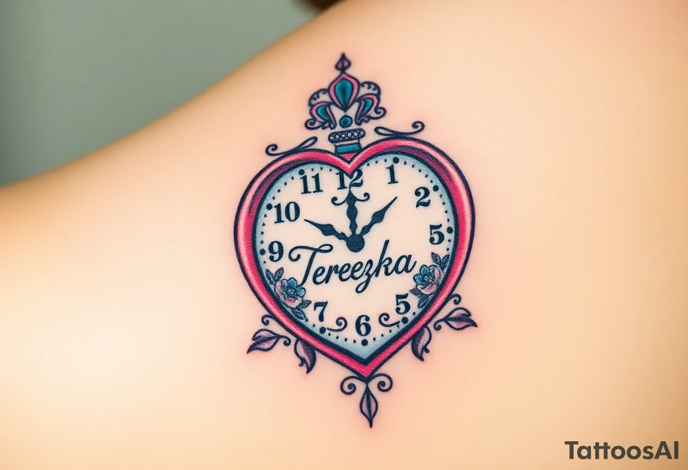 A heart-shaped clock with soft pastel pink and blue tones, featuring delicate floral engravings, with the child’s name "Terezka" scripted across the center tattoo idea