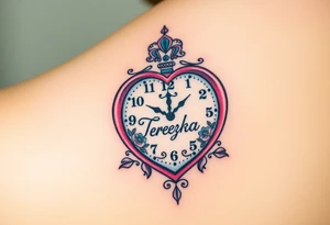 A heart-shaped clock with soft pastel pink and blue tones, featuring delicate floral engravings, with the child’s name "Terezka" scripted across the center tattoo idea