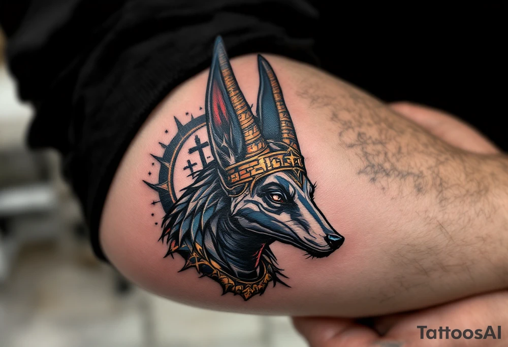 An Anubis with a Halo - Blending Egyptian mythology with Christian spirituality (only red , blue and black are possible colors) tattoo idea