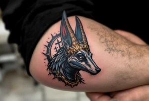 An Anubis with a Halo - Blending Egyptian mythology with Christian spirituality (only red , blue and black are possible colors) tattoo idea