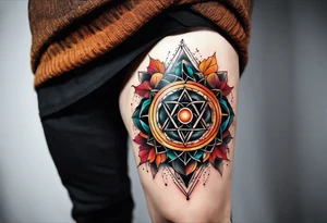 knee tattoo with sacred geometry,  swirl washes in background in fall colors tattoo idea