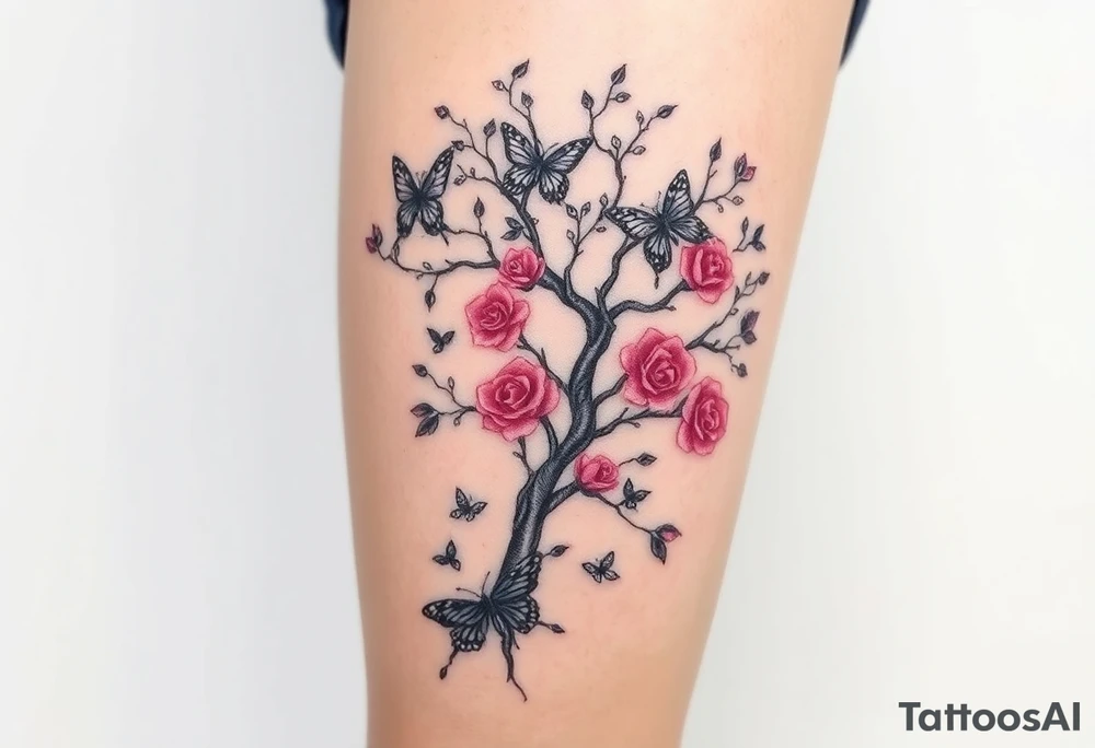 a poisoned tree with butterflies and roses around it and a semicolon somewhere in there make it a leg sleeve tattoo idea