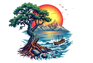 tattoo that has an acacia tree with mountains, ocean with a ship wreck tattoo idea