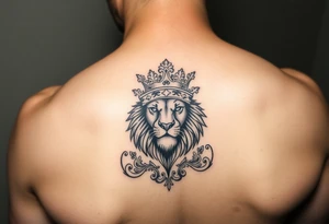 majestic lion wearing ornate crown, surrounded by baroque flourishes tattoo idea