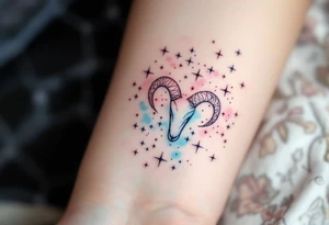 A subtle Aries star map in pastel blues and pinks celebrates the zodiac sign’s cosmic connection with a soft elegance. tattoo idea
