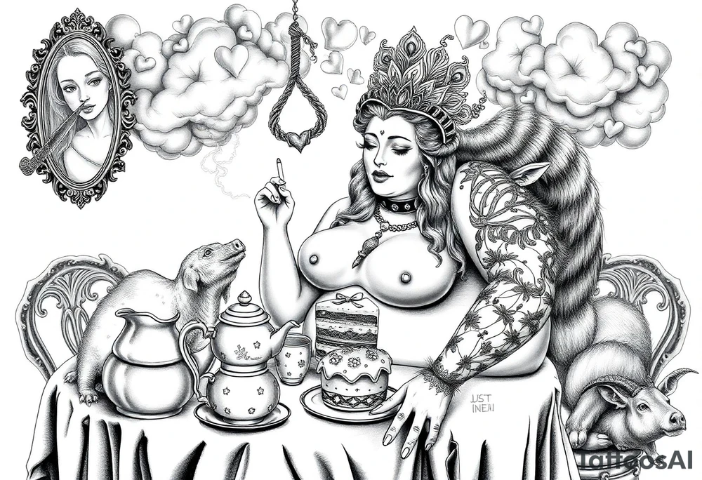 naked fat lady having a tea party with tea pots and 
with a pig, peacock, noose, lion, goat, smoking cigerettes looking in the mirror having sex with a man eating a cake thru storm clouds with knife and broken hearts and darkness and wrath tattoo idea