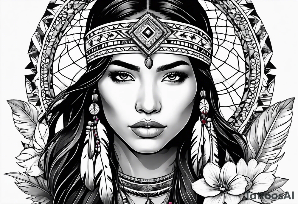 Native american girl, cancer, flowers, dream catcher, pacific island tattoo idea