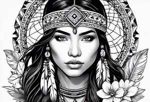 Native american girl, cancer, flowers, dream catcher, pacific island tattoo idea