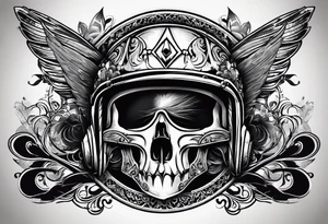 cirkel met vuur, binnenin een helm met een vlammetje waar tattoo idea