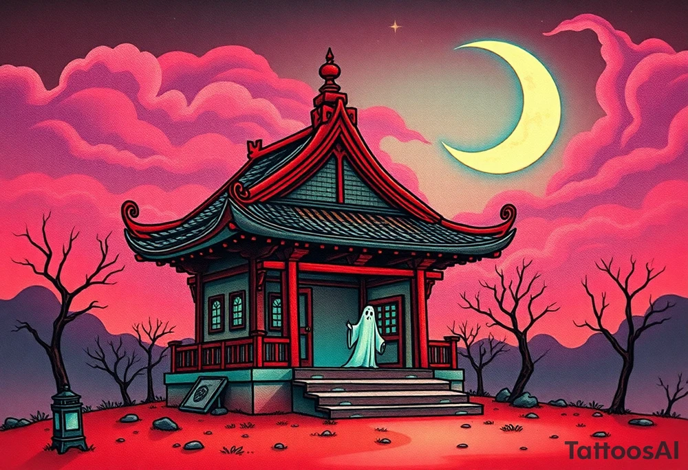 Tim Burton’s haunted pastel Tokyo shrine is abandoned except for one lone samurai ghost and dripping with muted reds, dusty pinks, and eerie green glow.purple and cyan smokey clouds swirl in the crescent moonlit sky thats sprinkled with stars tattoo idea tattoo idea