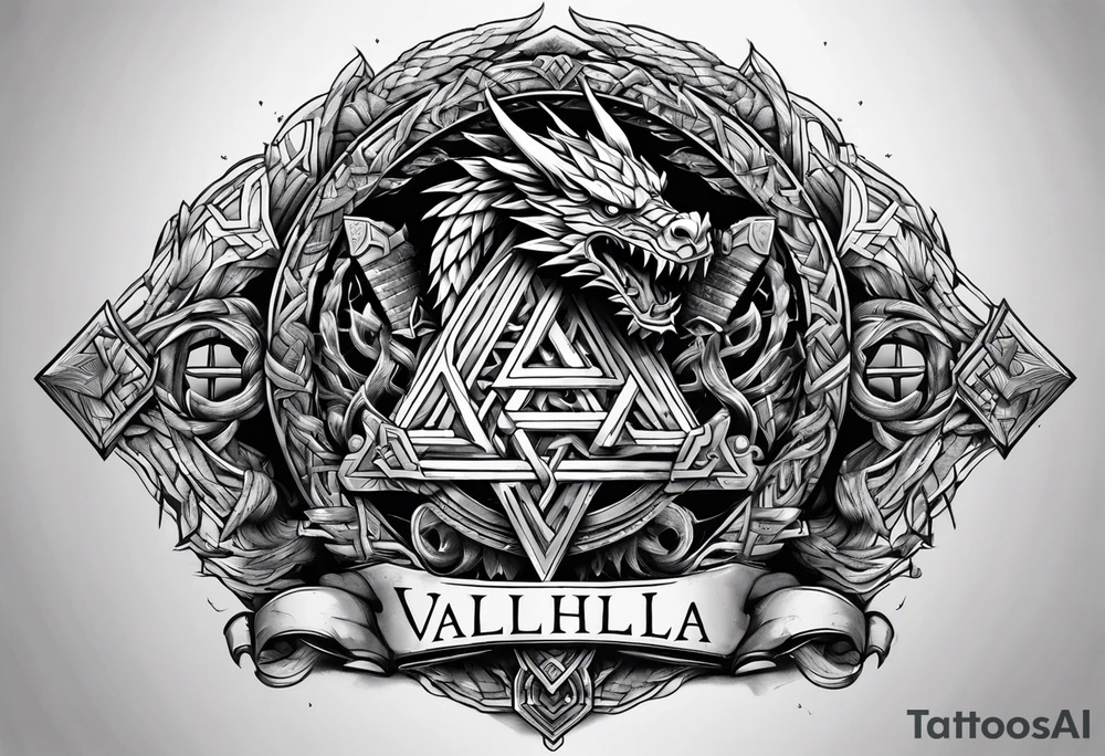 Valhalla sword shield dragon axe stairs Valknut barbed wire chains valknut fire tattoo idea Valhalla sword shield dragon axe stairs Valknut barbed wire chains valknut fire tattoo idea