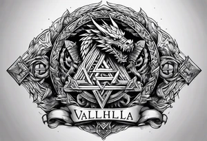Valhalla sword shield dragon axe stairs Valknut barbed wire chains valknut fire tattoo idea