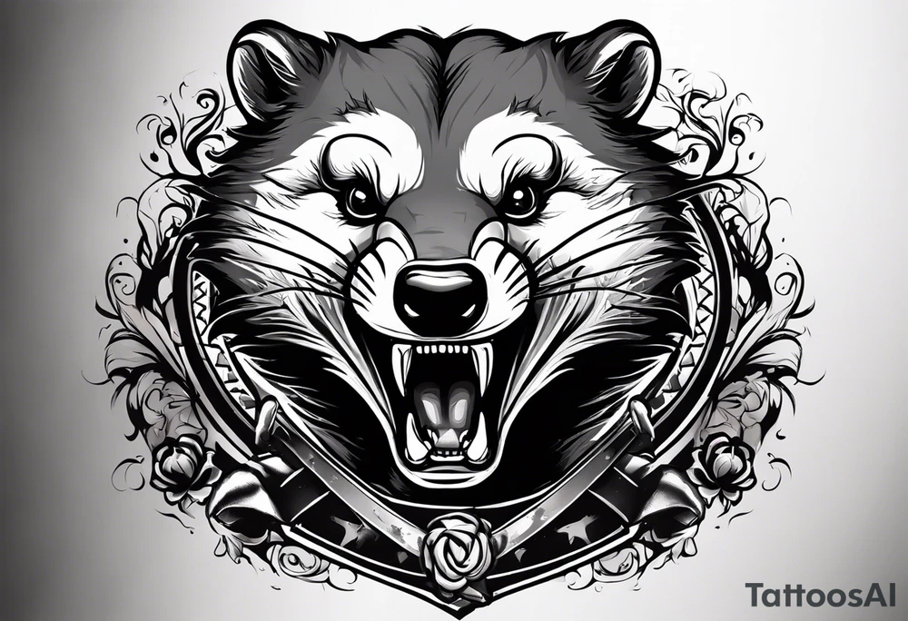 Draw me psychopath badger with aggressive full body, killer face with a smile, very long nails and he attacks like a Bloody Gladiator to enemy and also, he has very deadly looking. He fights with his nails. Everybody scares after their first sight. Give me horror type full body Badger Tattoo. tattoo idea