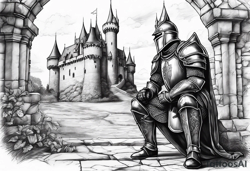 Wounded knight on his two knees in front of castle tattoo idea