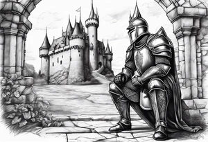Wounded knight on his two knees in front of castle tattoo idea