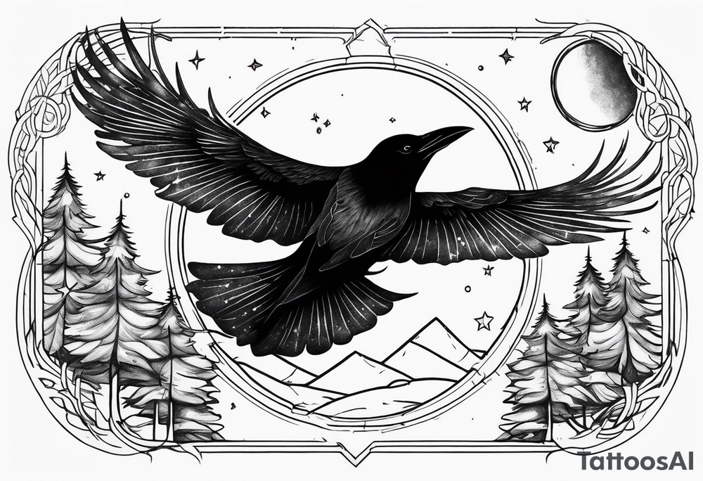 Raven in flight, head down, knowing, ethereal, moon stars and trees in the background tattoo idea