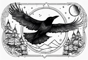 Raven in flight, head down, knowing, ethereal, moon stars and trees in the background tattoo idea