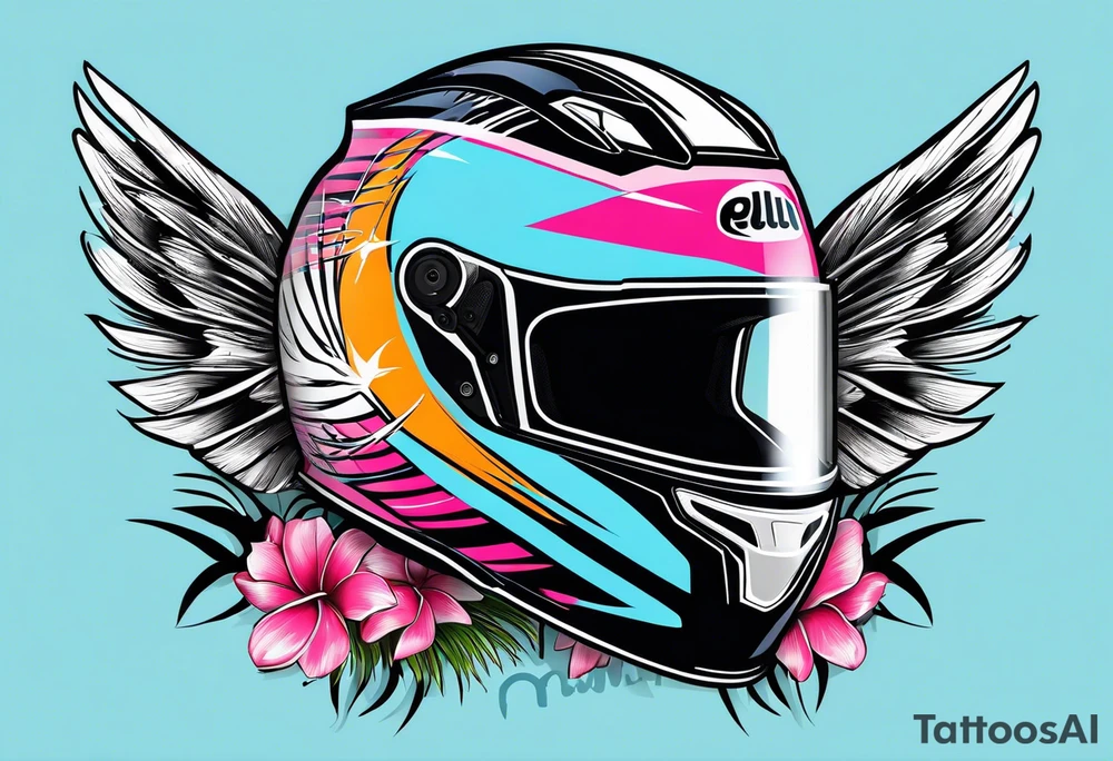 Formula 1 helment with the Miami name a palm tree and light blue black and pink colors 3/4 view tattoo idea