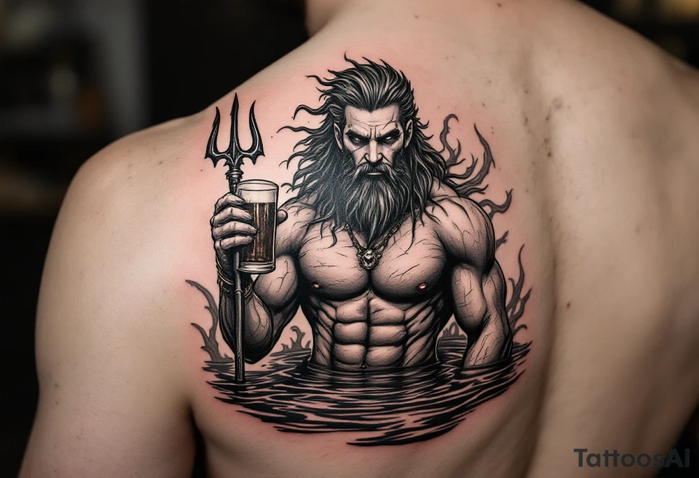 fit poseidon, with a trident, in calm water, holding a beer tattoo idea