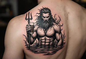 fit poseidon, with a trident, in calm water, holding a beer tattoo idea
