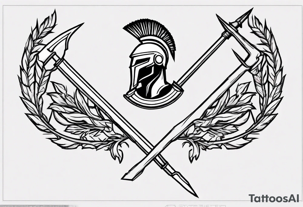 ultra-fine line linework vector of a spartan from the side, spartan spear, spartan shield, laurel wreath tattoo idea
