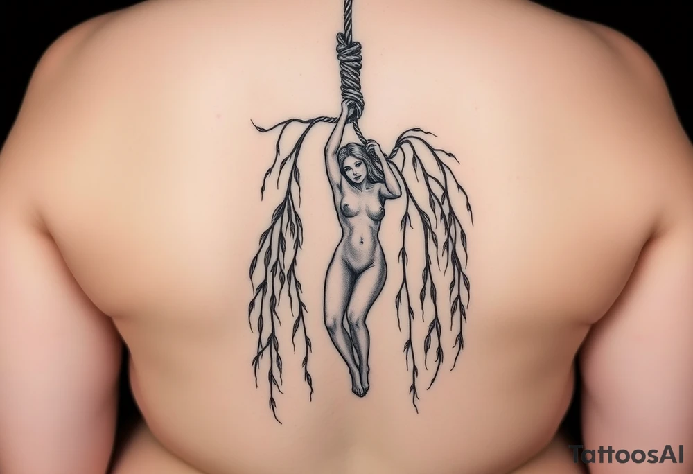 naked plus sized sexy woman hanging with a noose around her neck dying from aweeping willow tree tattoo idea