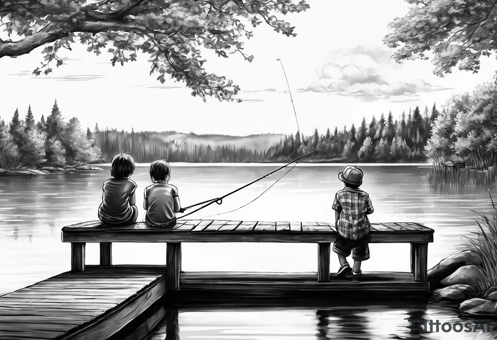 forearm tattoo set on a dock on a lake. There is a little boy sitting next to a little girl. The little boy is fishing and the little girl is reading. There are trees surrounding the lake. tattoo idea