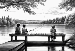 forearm tattoo set on a dock on a lake. There is a little boy sitting next to a little girl. The little boy is fishing and the little girl is reading. There are trees surrounding the lake. tattoo idea