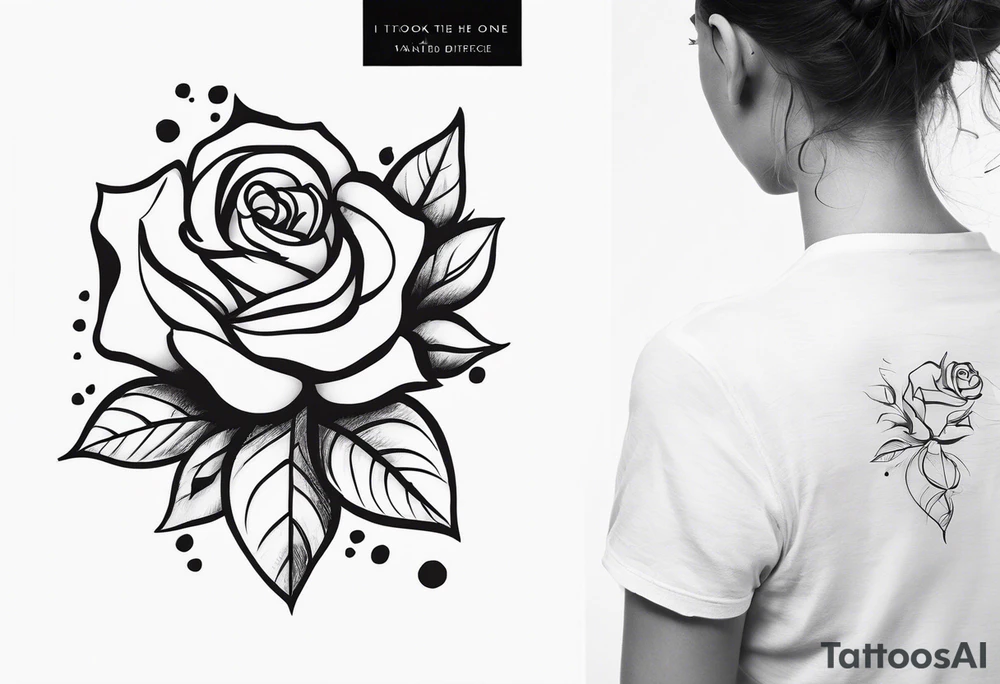 Create a back tattoo with rose petals and the quote “I took the one less traveled by and it had made all the difference” tattoo idea