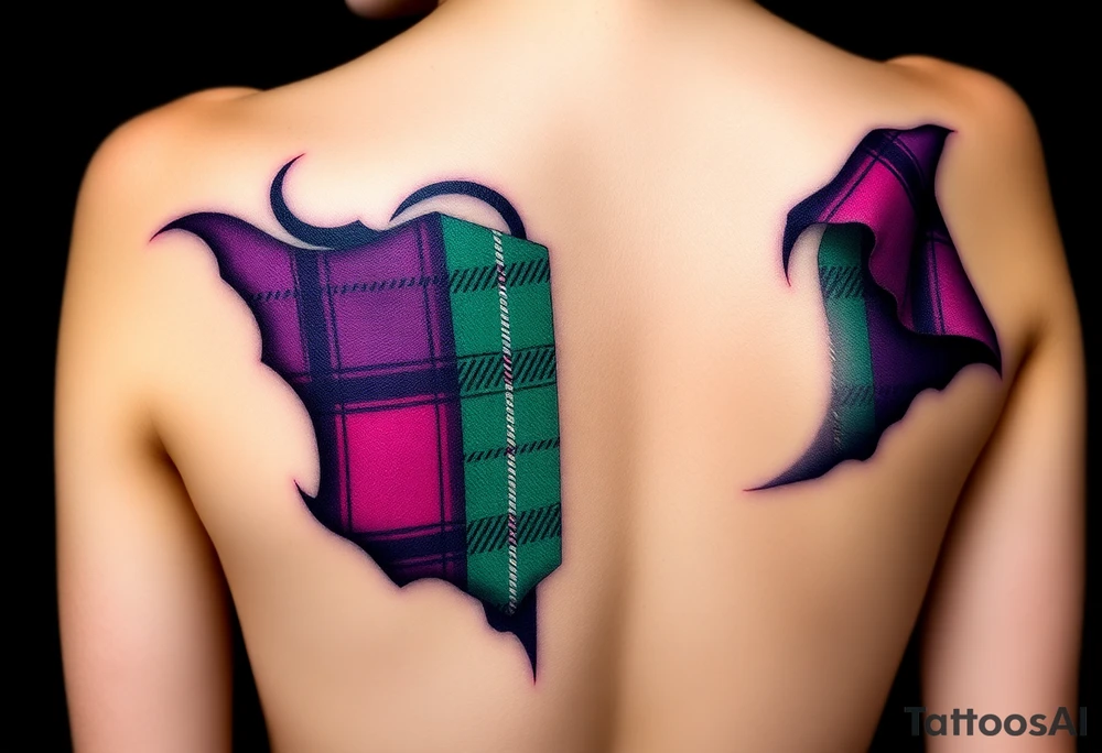Around Breasts

Dark Purple with green pink blue and white highlights tartan fabric with skin around edges peeling and wrapping around side of shoulder tattoo idea