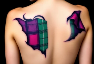 Around Breasts

Dark Purple with green pink blue and white highlights tartan fabric with skin around edges peeling and wrapping around side of shoulder tattoo idea