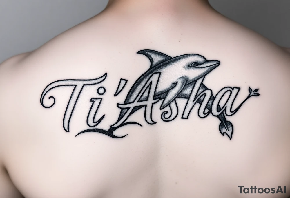 The name Ti'Asha with a dolphin for my mom favorite animal with the tattoo being somewhere on the arm or bicep tattoo idea