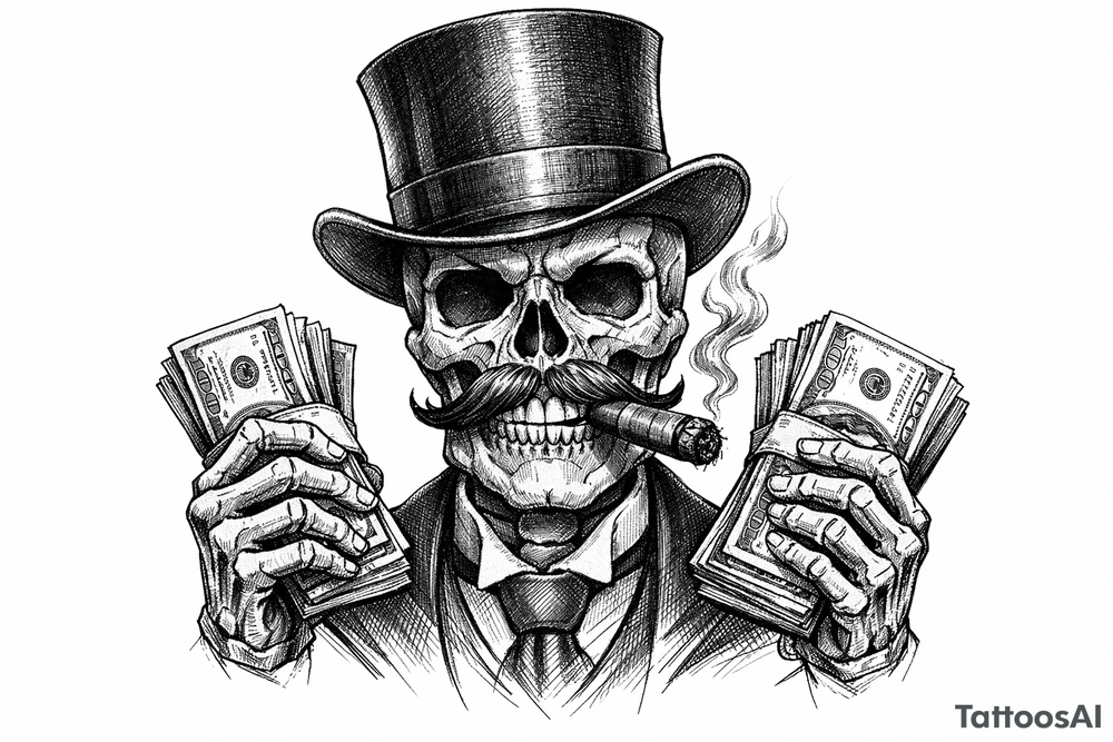 skull with mustache,top-hat,cigar in his mouth,money in both hands. tattoo idea
