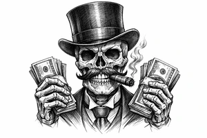 skull with mustache,top-hat,cigar in his mouth,money in both hands. tattoo idea