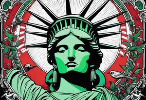 the statue of liberty with a skull for a face, and green dollar signs for eyes, with a red sun behind it with birds flying towards it tattoo idea