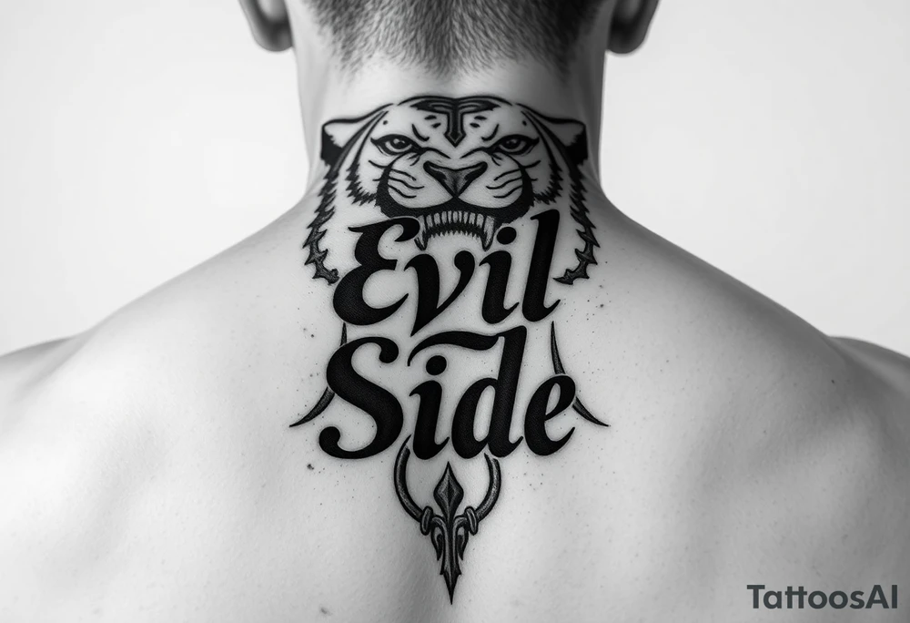 Bold cover up saying Evil Side from ear to ear on front of neck black and white leo tattoo idea