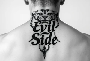 Bold cover up saying Evil Side from ear to ear on front of neck black and white leo tattoo idea