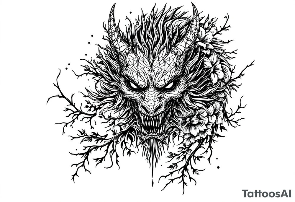 scary dragon face down with flowers tattoo idea