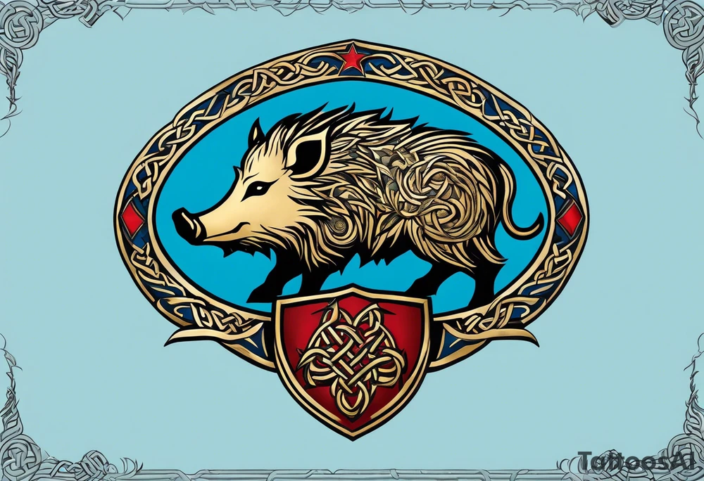 Side profile, Celtic, tribal, wild boar, On a Chatwin family crest with blue background, two gold stars, and a gold Chevron, and a Thistle tattoo idea