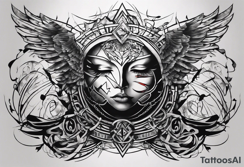 Wide tattoo that appears to be bursting out of the skin, symbolizing freedom with broken chains. The tattoo should be vibrant and dynamic, with bold lines and colors that evoke a sense of liberation and empowerment. The tattoo should be visually striking and thought-provoking. tattoo idea