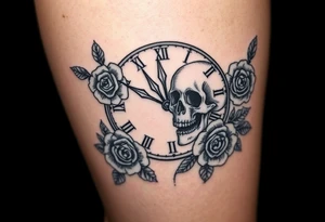 Broken Clock face 11:43 as set time. With roses and skull looking to the clock feminine tattoo idea